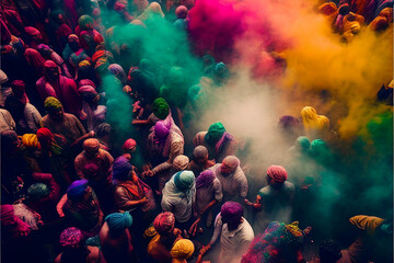 Obraz na płótnie Canvas A crowd of people throwing Holi paint in the air, a festival of colored colors in an Indian city, a religious festival happy people top view. Generative AI