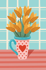 Flat mug with tulips. Bright blooming flowers in vase. Cartoon illustration. Design element for greeting card, invitation, print, sticker. Illustration for birthday, valentine's and woman's day.