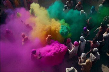 A crowd of people throwing Holi paint in the air, a festival of colored colors in an Indian city, a religious festival happy people top view. Generative AI