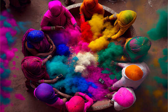 A Crowd Of People Tossing Holi Paint In The Air, A Festival Of Colored Colors In An Indian City, A Religious Festival. Generative AI