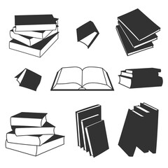 Set of silhouettes of books, stacks and open book, vector set isolated on white background