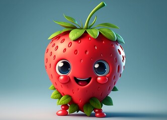 Fototapeta premium Cute and Happy Strawberry Cartoon Character in Front of a Studio Background, Kawaii. Generative AI