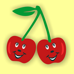 Red cherries with green leaves smile and rejoice. Sweet fruits. Vector illustration.