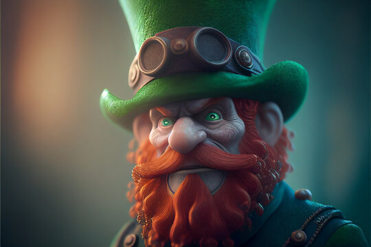 A fabulous leprechaun character in a green hat and clover suit for good luck. St. Patrick's Day holiday. Generative AI