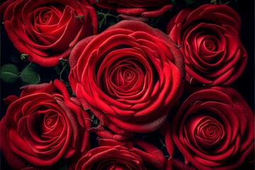 Large bouquet of red roses close-up with open buds, holiday gift for Valentine's Day, Mother's Day, wedding arrangement. Generative AI