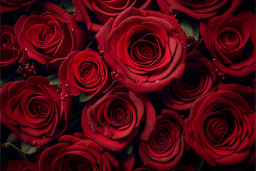 Large bouquet of red roses flowers close-up with open buds, holiday gift with love for Valentine's Day, Mother's Day, wedding arrangement. Generative AI