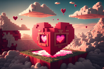 Valentine's day, minecrast style vilentine with hearts and clouds . Generative AI