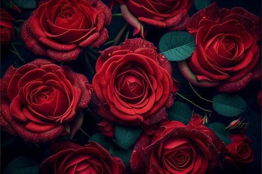 Large bouquet of red roses flowers close-up with open buds, holiday gift with love for Valentine's Day, Mother's Day, wedding arrangement. Generative AI