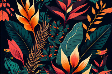 Drawing of palm leaves and flowers in a modern style, tropical print pattern on a black background, cod art botanical design. Generative AI