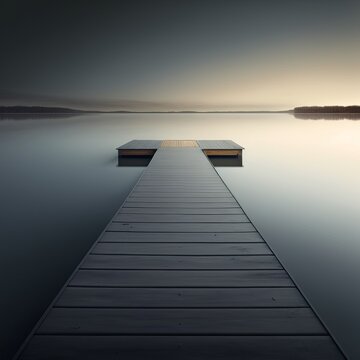 Photograph Styled Image of a Centered Dock Stretching into a Lake, Morning Light, Symmetric, Generative AI © Carl & Heidi
