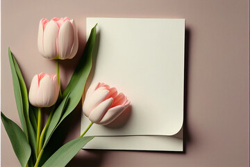 Pink tulip with text card, layout, flat lay, Mother's Day greeting gift, Valentine's Day, Father's Day, flowers on light background. Generative AI