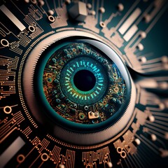 Fototapeta premium Robotic eye circuit board with microchips