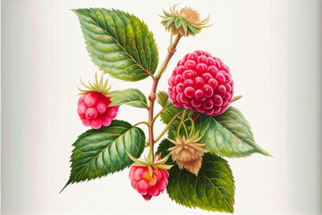 Watercolor drawing of fresh summer raspberries with flowers and leaves, organic natural berries, space for text, hand drawing. Generative AI