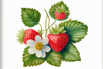 Watercolor drawing of fresh summer strawberries with flowers and leaves, organic natural berries, space for text, hand drawing. Generative AI