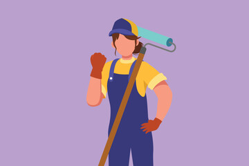 Character flat drawing active handywoman holding long paintbrush roll with celebrate gesture is ready to work on painting wall and repairing damaged part of house. Cartoon design vector illustration