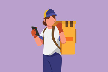 Cartoon flat style drawing deliverywoman holding smartphone for finding address with celebrate gesture, carry package box, delivered to customer with best service. Graphic design vector illustration