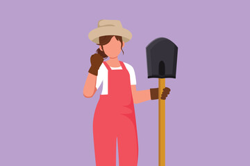 Graphic flat design drawing cute female farmer holding shovel with celebrate gesture and wear straw hat working on farm at harvest time. Countryside or rural living. Cartoon style vector illustration