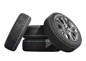 Car tires with a great profile in the car repair shop.  Set of summer or winter tyres in front of...