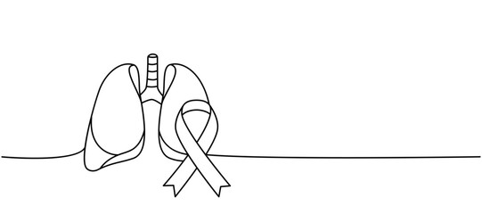 Lungs with ribbon one line continuous drawing. Cancer awareness ribbon, AIDS tape continuous one line illustration. Isolated on white background.