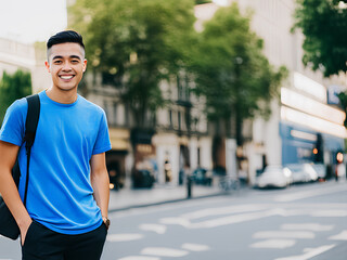 Young teen teenager student boy man with backpack. City blurred background. Generative AI