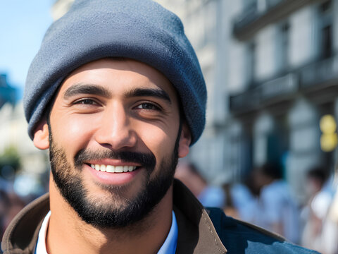 Young man in hat cap. Portrait. Causacian. City background. Generative AI