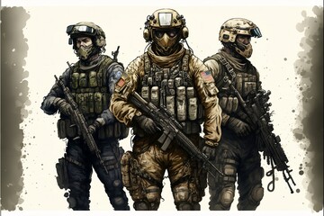 Military Forces in Full Tactical Gear, Wartime, Battlefield Illustration - obrazy, fototapety, plakaty