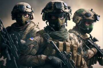 Military Forces in Full Tactical Gear, Wartime, Battlefield Illustration - obrazy, fototapety, plakaty