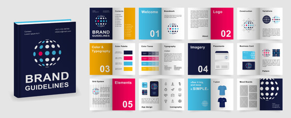 Multicolor Brand Guidelines template. Brand Manual presentation in A4 size. Logo Guideline mockup. Logo Guide Book layout. Logotype presentation - obrazy, fototapety, plakaty