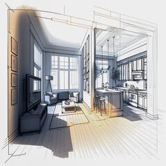 Sketch and Blueprint, bright interior of a new apartment, hand drawn illustration. Generative AI