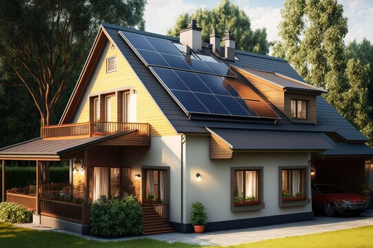 Concept art of a house with solar panels on the roof and a green garden. Generative ai.