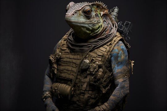 Portrait of a chameleon in a tactical vest, tattoos, lizard, generative ai
