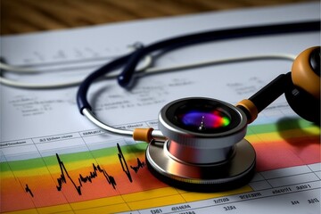Stethoskop liegt auf Papier beim Arzt mit EKG Ergebnisse, ai generativ