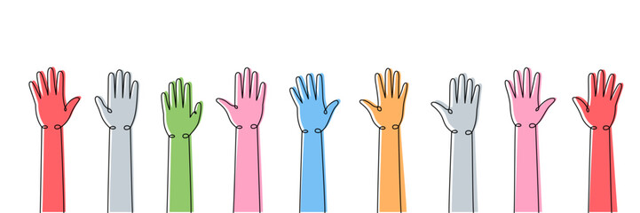 Raised hands one line colored continuous drawing. Public opinion, user feedback continuous colorful one line illustration. Vector linear illustration.