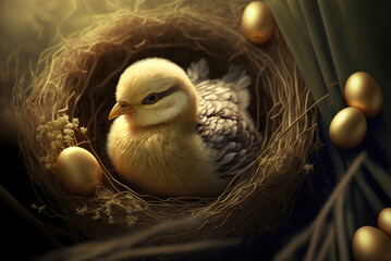 Naklejka na ściany i meble Little nest with eggs. Easter background. Generative AI.