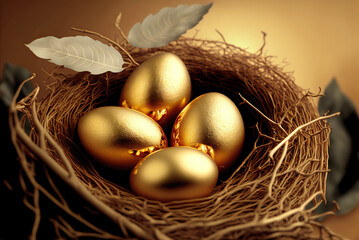 Little nest with eggs. Easter background. Generative AI.