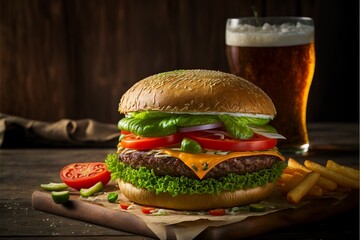 Leckerer Burger belegt mit Rindfleisch, Tomaten, Käse, Salat, ai generativ