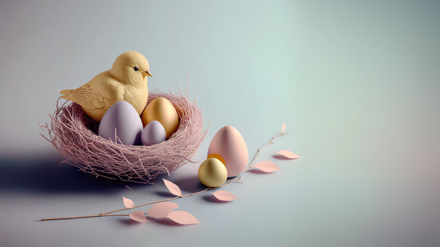 Little nest with eggs. Pastel easter background. Generative AI.