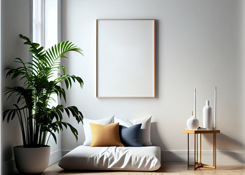 AI Generated. Empty wooden picture frame mockup. White wall background. Vase with branches.