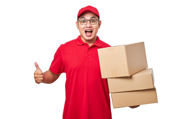 Friendly asian courier delivery man wearing red shirt and cap showing thumb-up, holding box package with hand