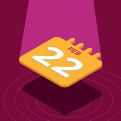 February 22th - Yellow 3D calendar floating with spotlight