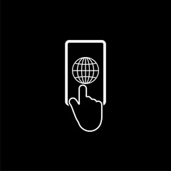 Hand hold isolated on black background.smartphone icon. Mobile using outline icon 