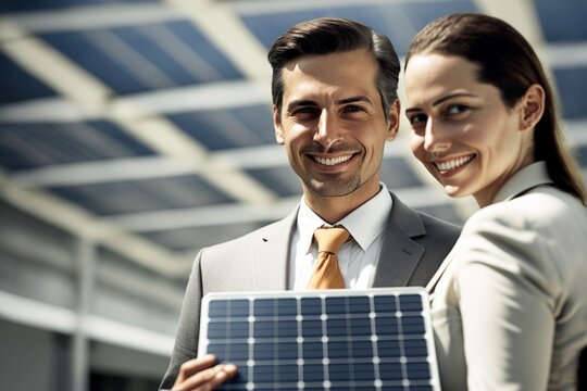 Geschäftsleute Frau und Mann als Gespann und Berater in Solarenergie, ai generativ
