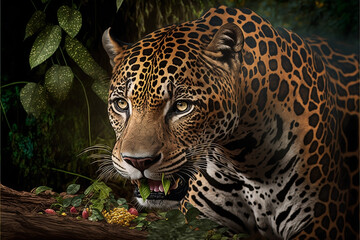 Fototapeta na wymiar Jaguar in native habitat eating in the background. Generative AI