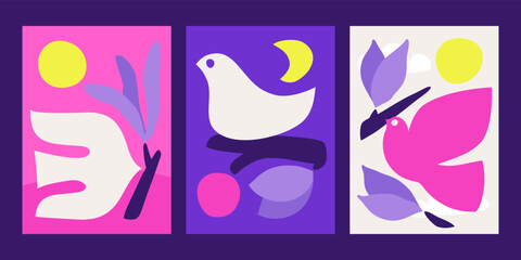 Peace dove with olive branch. Naive style birds in daytime and nighttime. Abstract vector illustration for minimalists poster or simple greeting card