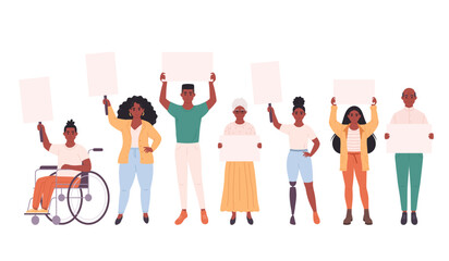 Black people of different age holding clean empty banners and placards. Activism, social movement. Democracy, rally and protest. People with physical disability. Vector illustration in flat style