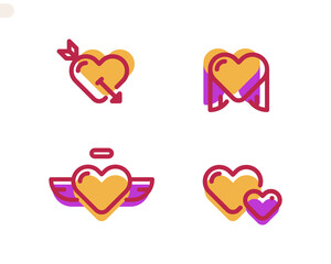 Heart retro style icon set. Thick line viva magenta, hearts emoji