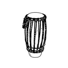 Black and white sketch of a traditional musical instrument with a transparent background