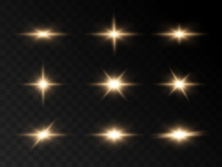 Set of stars light effects for web design and illustrations golden glowing light png vector.