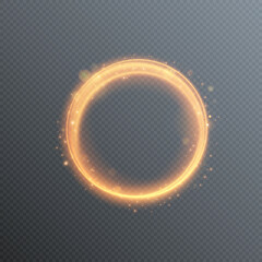 Vector bright neon circle with bokeh effect. Round frame with empty space for text. Golden glitter, magical glitter, futuristic lighting, glow, flash.