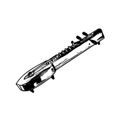 Black and white sketch of a traditional musical instrument with a transparent background